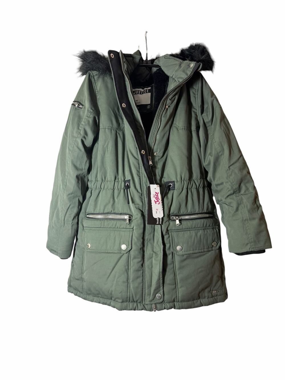 Justice Girls Olive Green Hooded Parka Coat Faux Fur XL 16-18 NWT